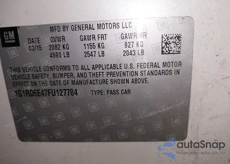 2015 Chevrolet Volt z USA, uszkodzony, nr VIN 1G1RD6E47FU127784